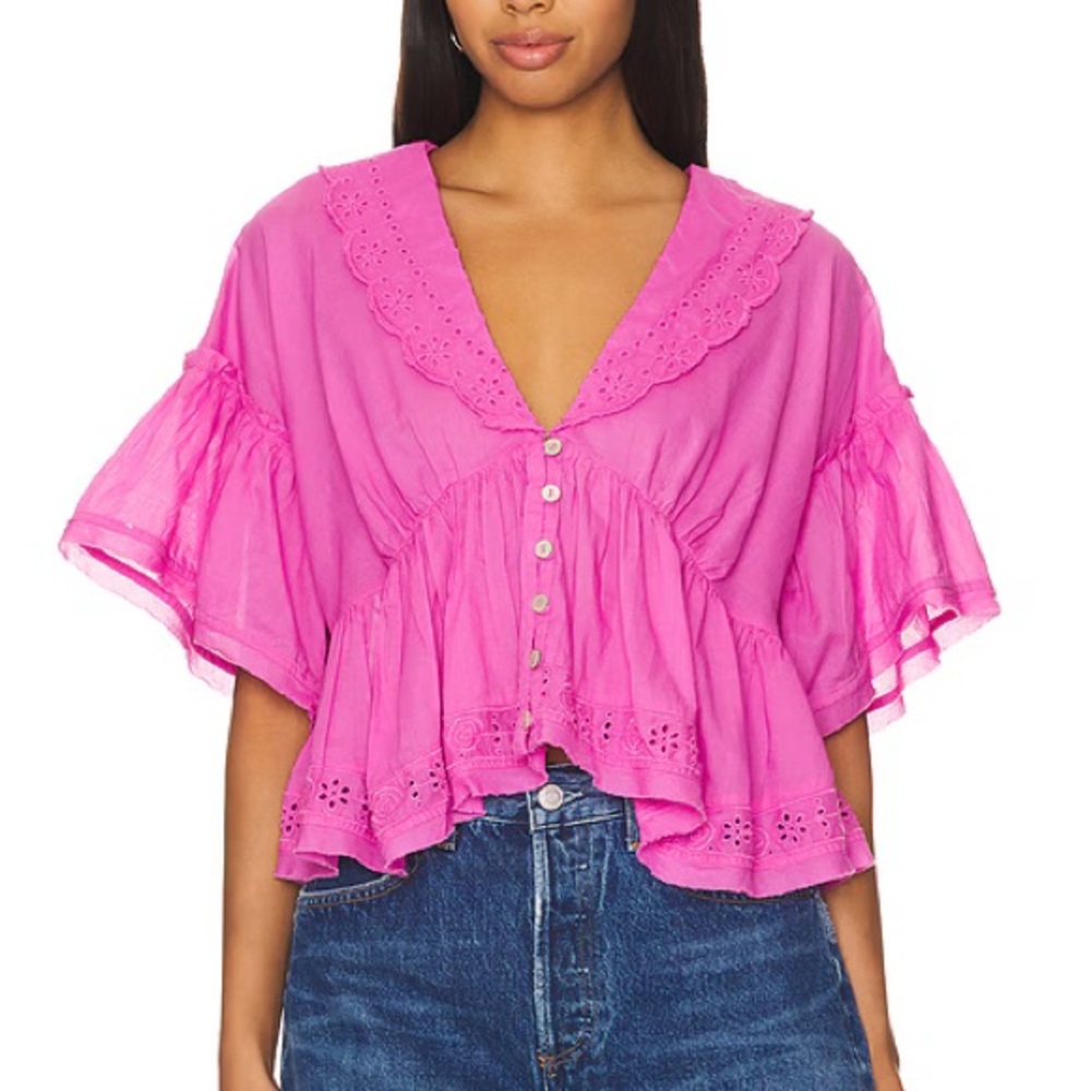 Free People Elle Cutwork Ruffled Blouse in Fuchsia